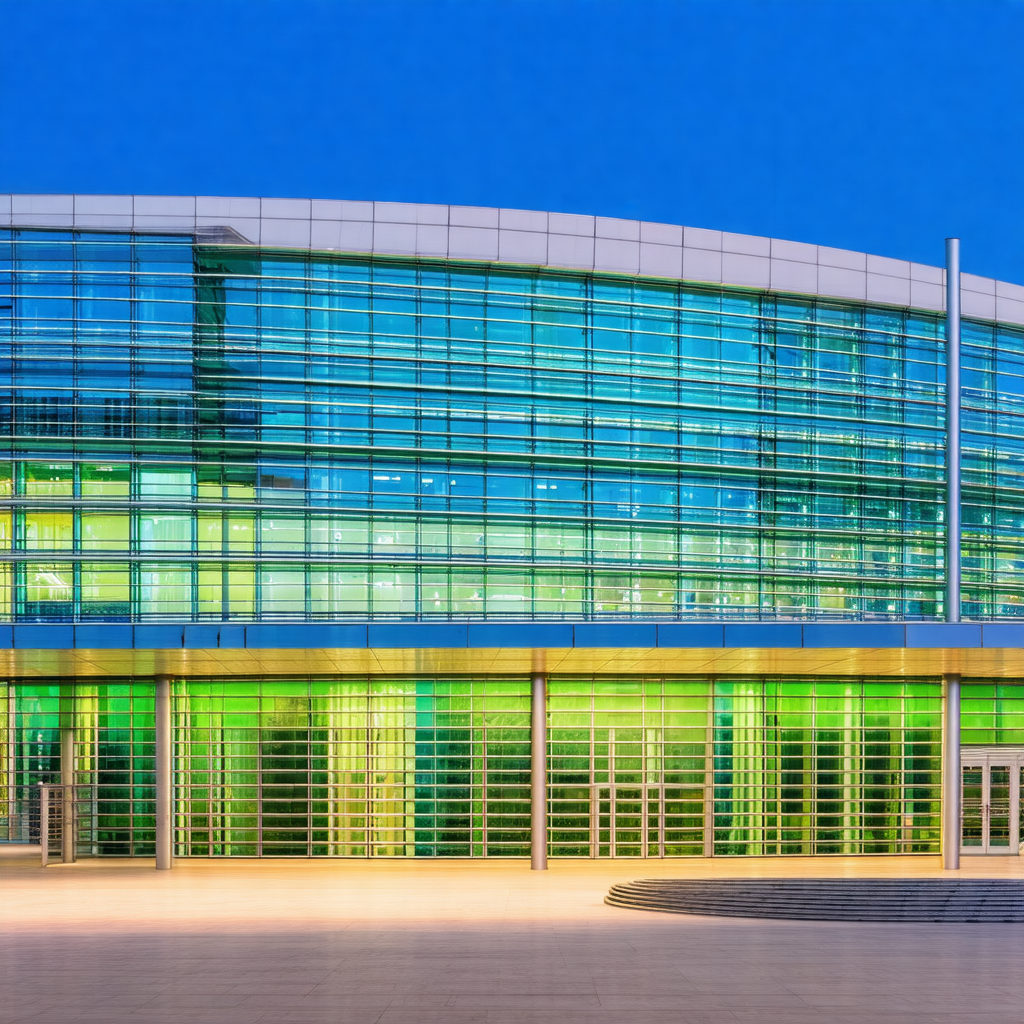 Large, modern building with a green glass exterior