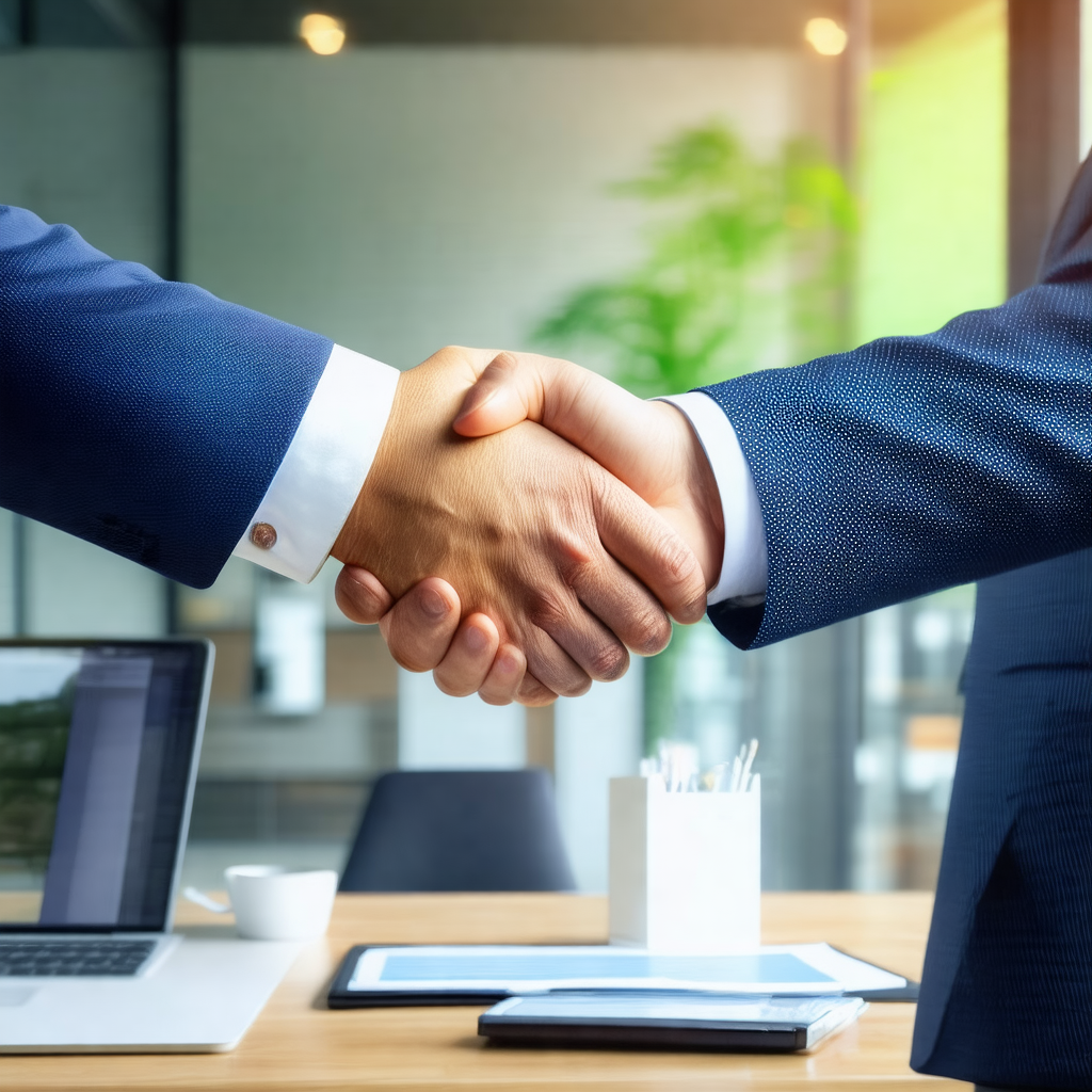 Man and a woman shaking hands in a professional setting