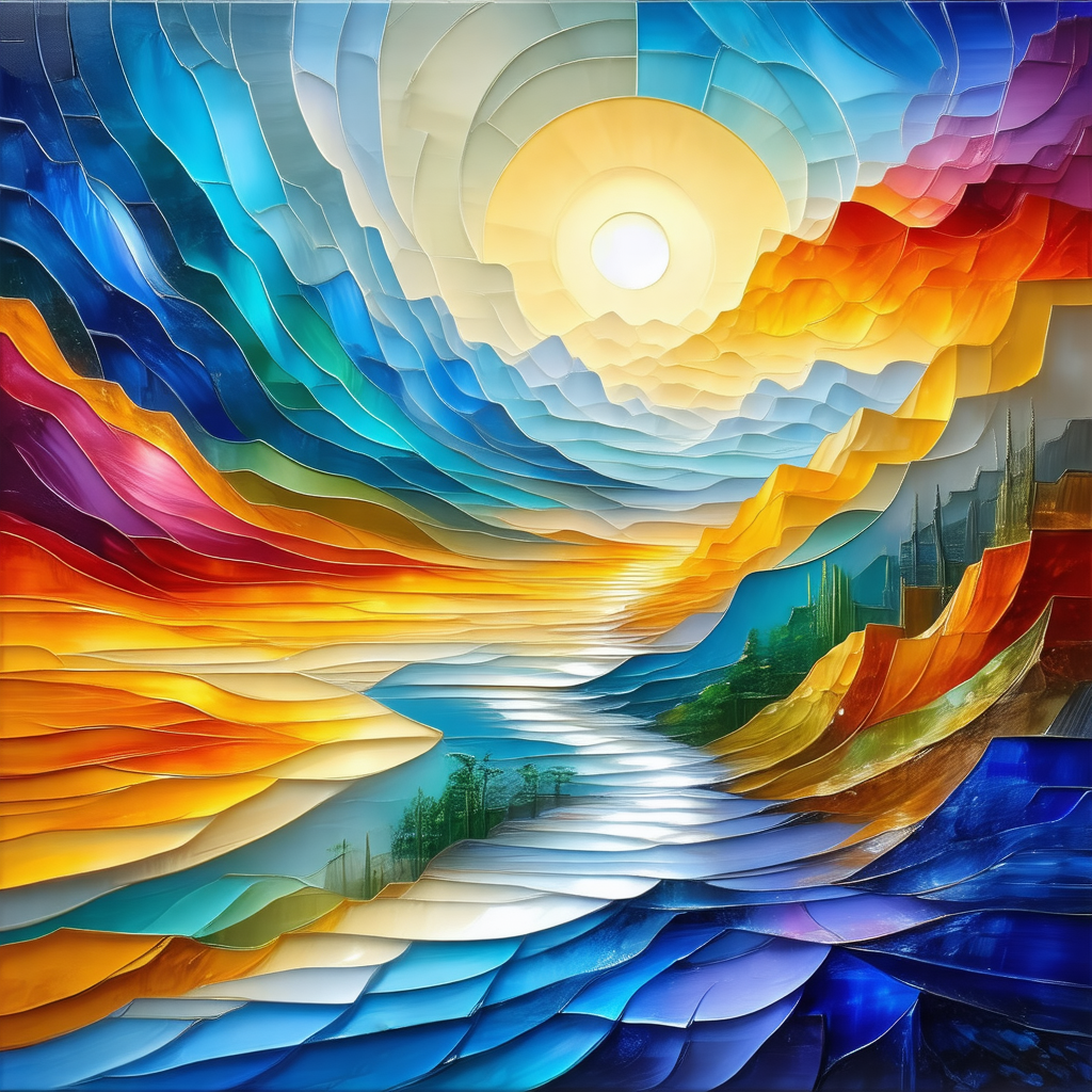 Colorful painting of a sunset, featuring a beautiful beac...