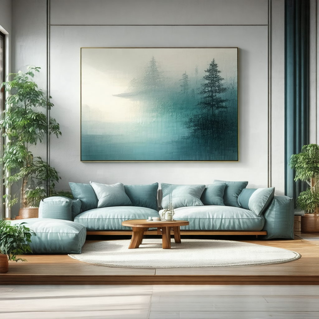 Large, modern living room with a blue couch and a coffee ...