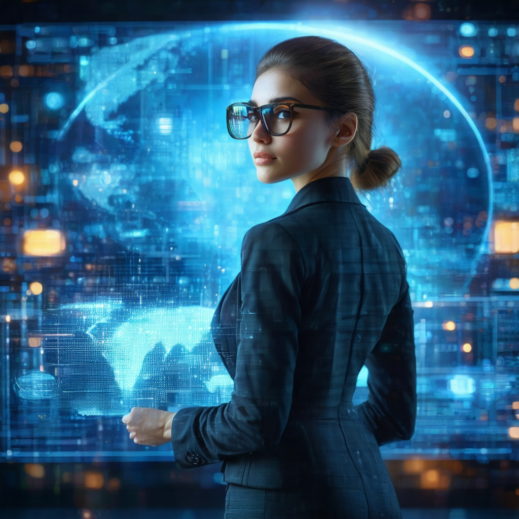 Woman wearing a suit and glasses, standing in front of a ...