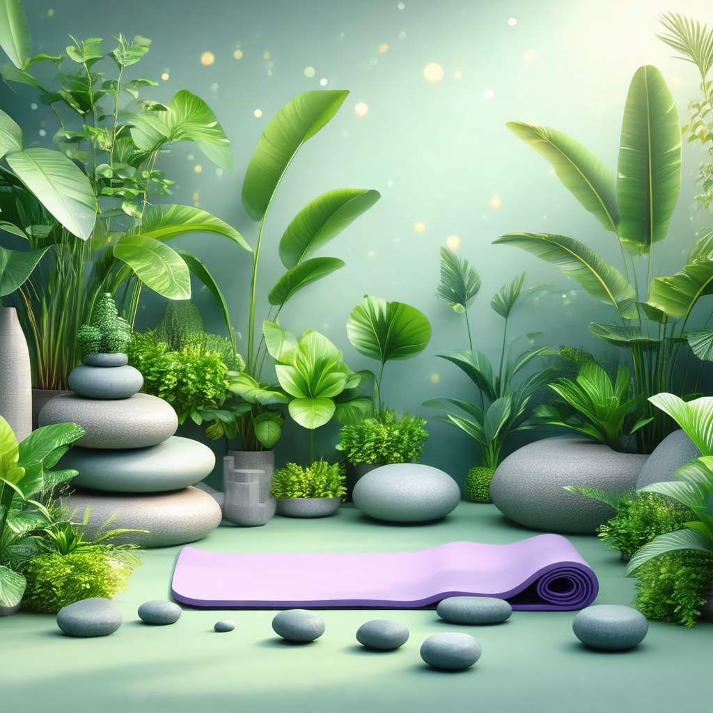 Peaceful scene of a yoga mat placed on a green carpet, su...