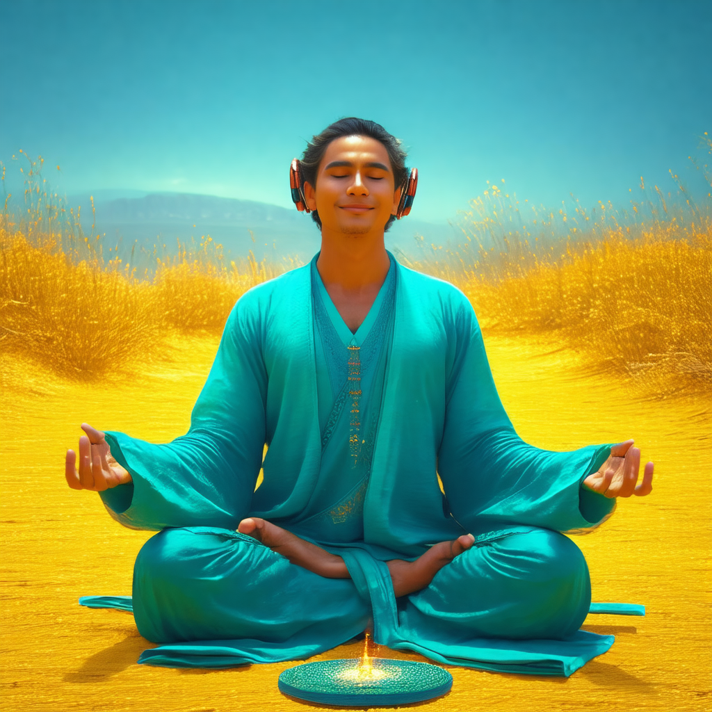 Man sitting in a field, wearing a blue robe and headphones