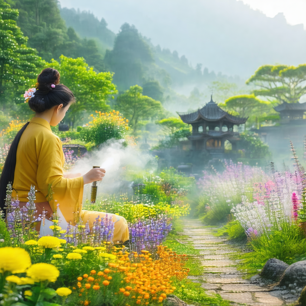 Woman sitting on a bench in a garden, surrounded by a var...