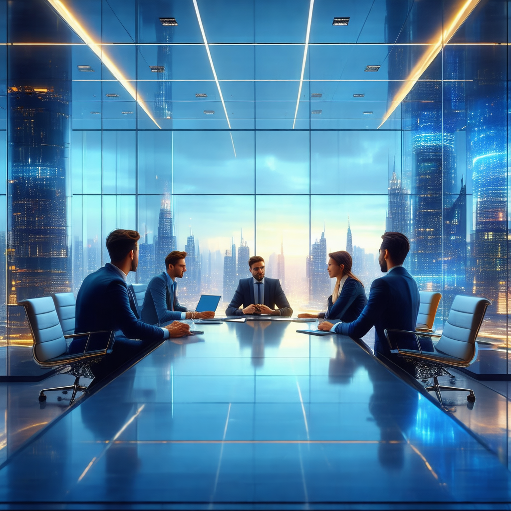 Group of people sitting around a large, blue glass table ...