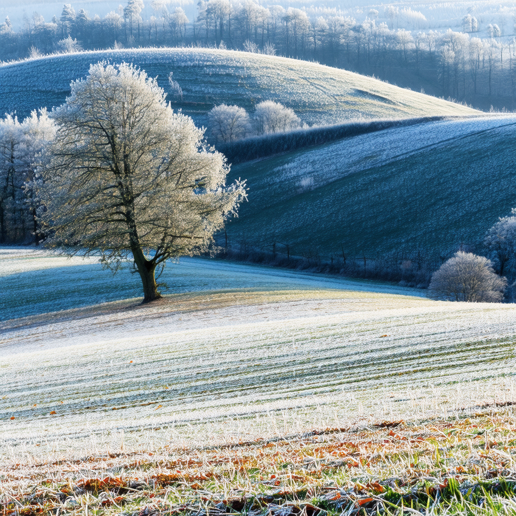 Snow-covered landscape with a tree standing out in the fo...