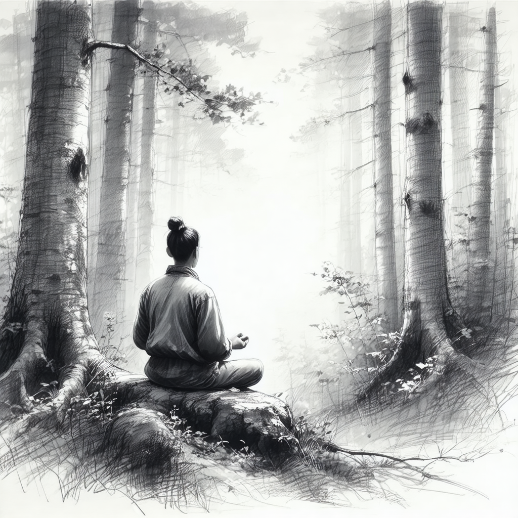 Woman sitting on a rock in a forest, surrounded by trees