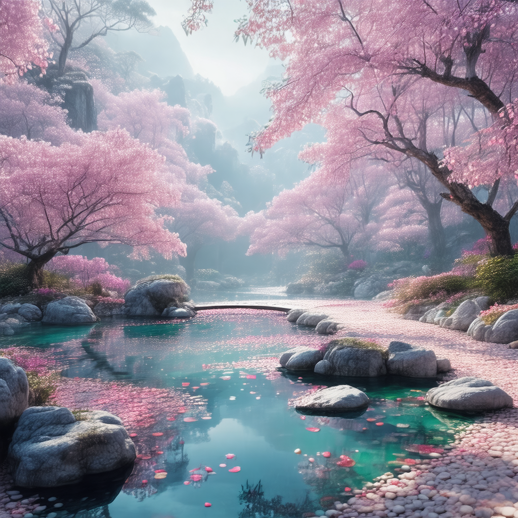 Serene scene of a river flowing through a valley, surroun...