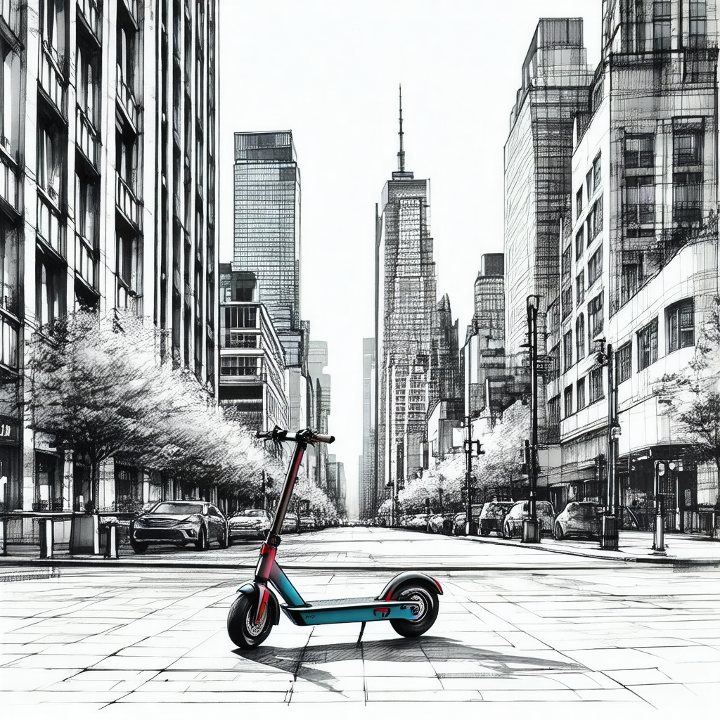 Black and white drawing of a city street with a scooter p...