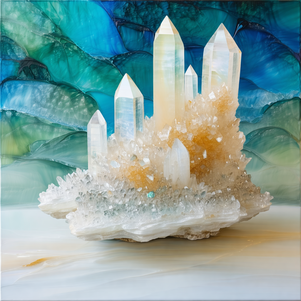 Large, white crystal structure with a yellow center, rese...