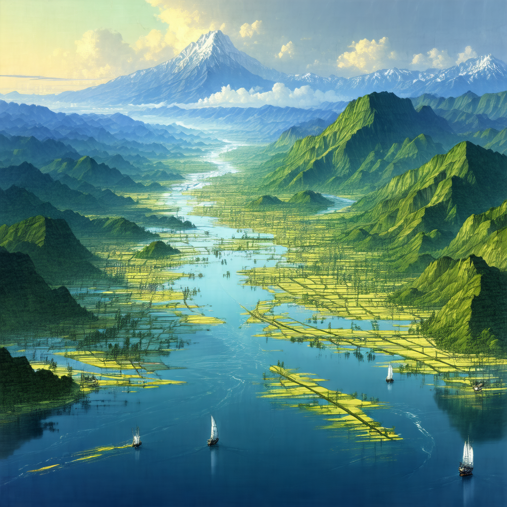 Painting of a beautiful landscape featuring a large body ...