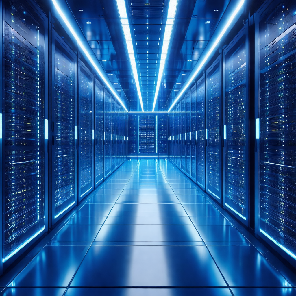 Large, blue-lit room filled with rows of computer servers