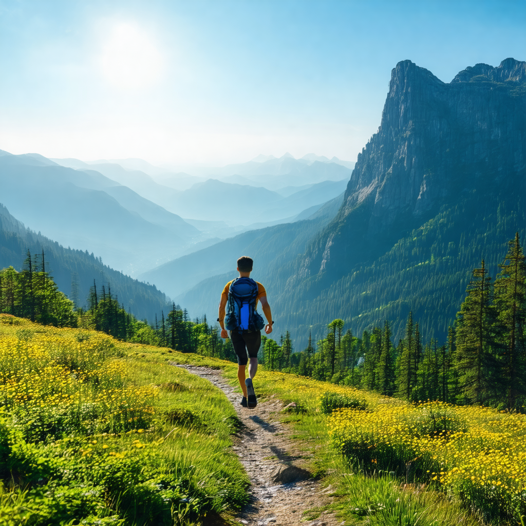 Man walking on a trail in a lush green forest