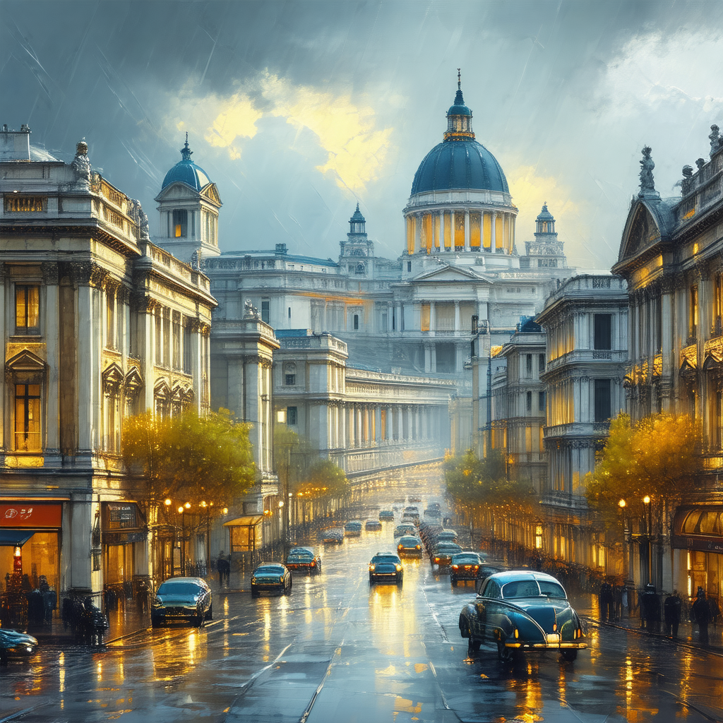 Bustling city street on a rainy day