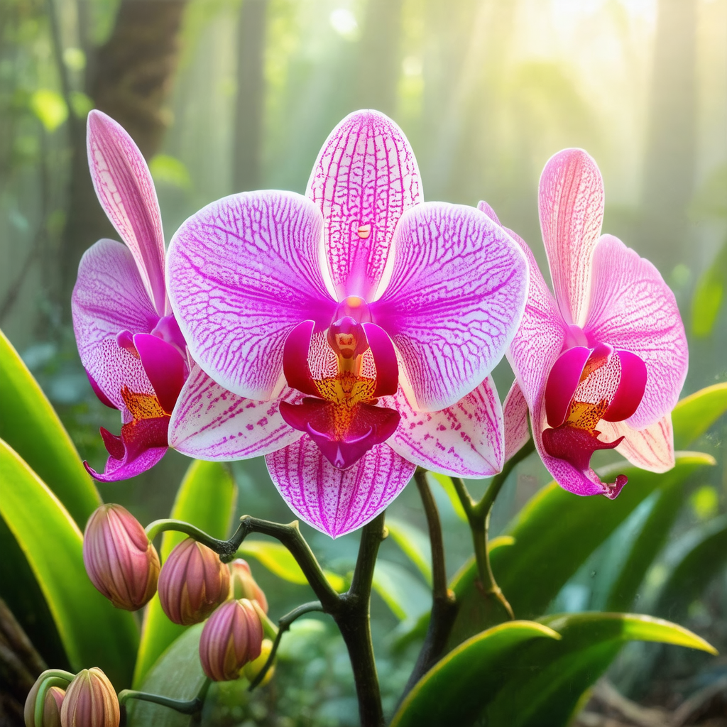 Beautiful bouquet of pink orchids in a forest setting