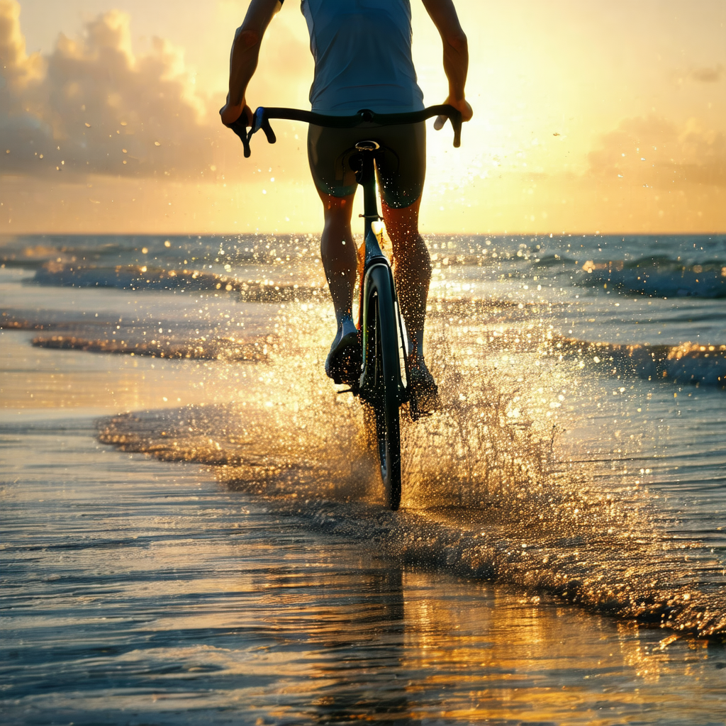 Captures a man riding a bicycle on a beach at sunset