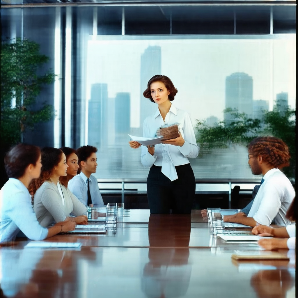 Woman standing in a conference room, holding a piece of p...