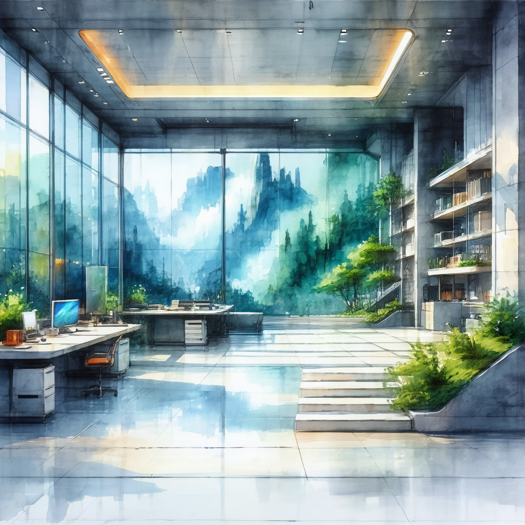 Painting of a large, modern office space