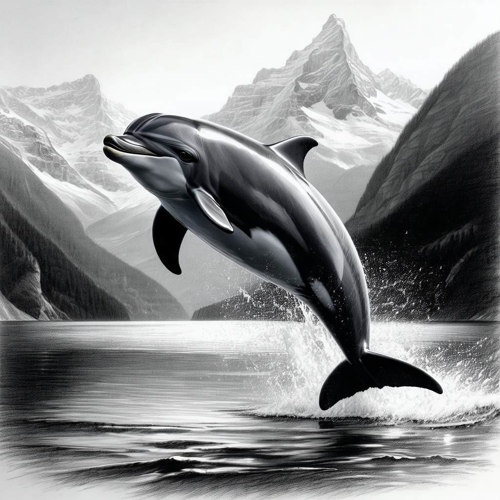 Black and white dolphin jumping out of the water, creatin...