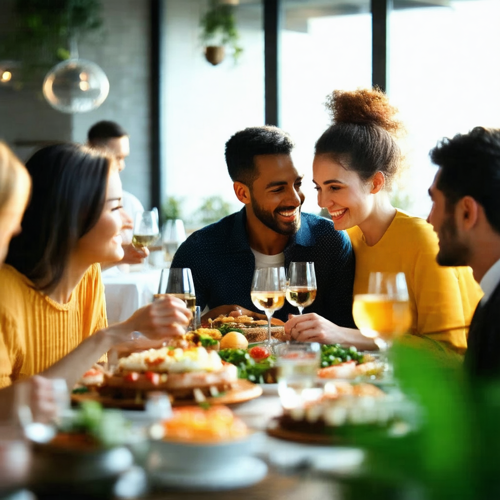 Group of people gathered around a dining table, enjoying ...