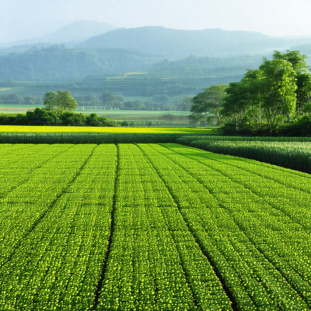 Large, lush green field with a mountain range in the back...