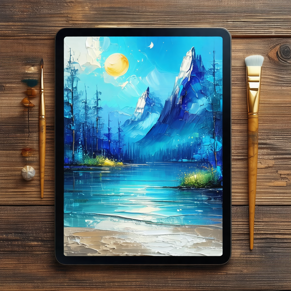 Painting of a mountainous landscape with a lake and a forest