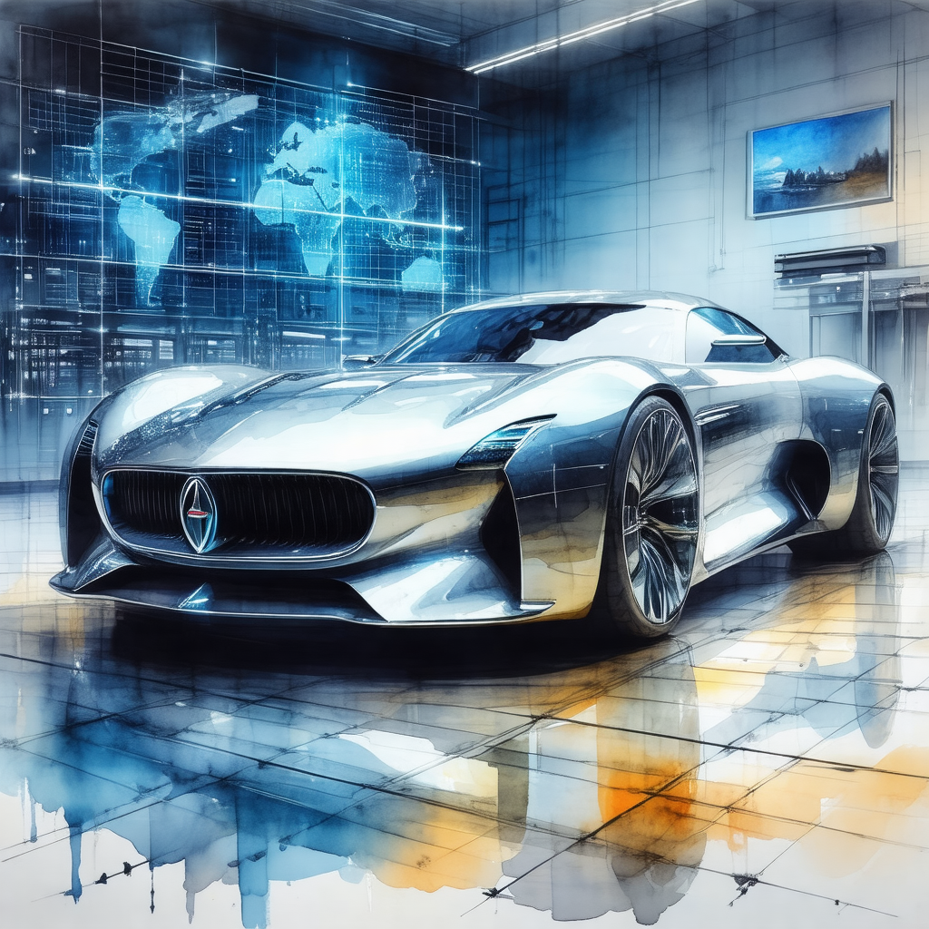 Futuristic silver car parked in a garage