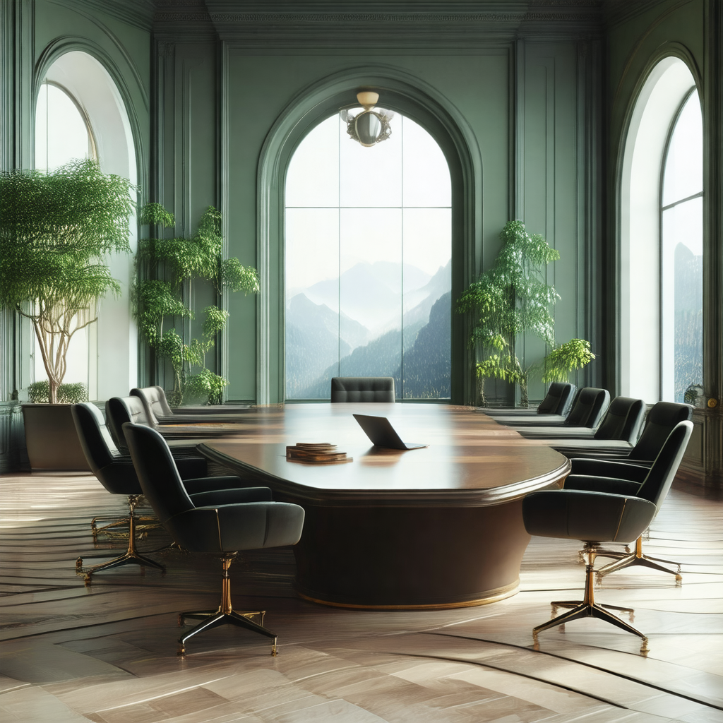 Large, well-lit room with a long wooden table in the center