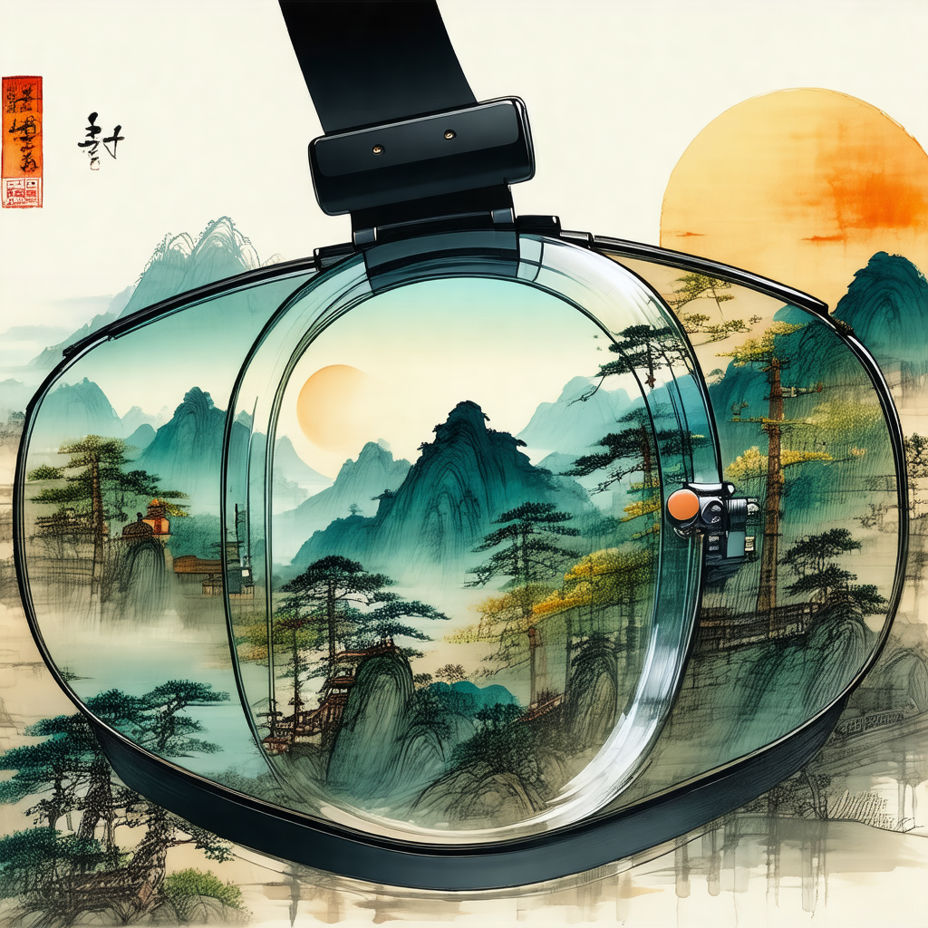 Painting of a mountainous landscape with a large glasses ...