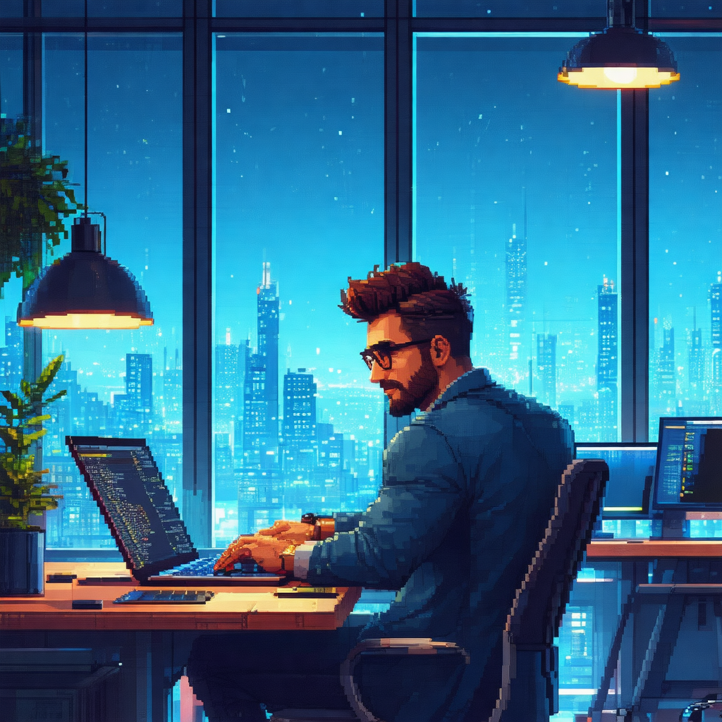 Man sitting at a desk in a room with a large window