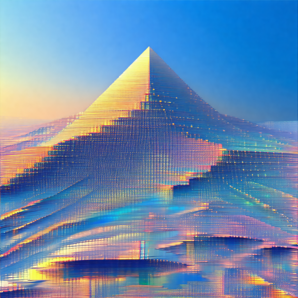Large, colorful pyramid-shaped structure, possibly a moun...