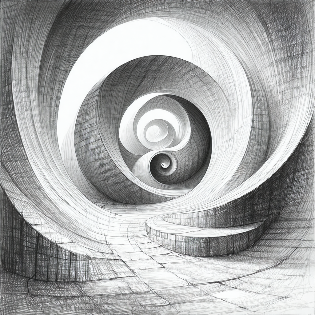 Black and white drawing of a spiral staircase