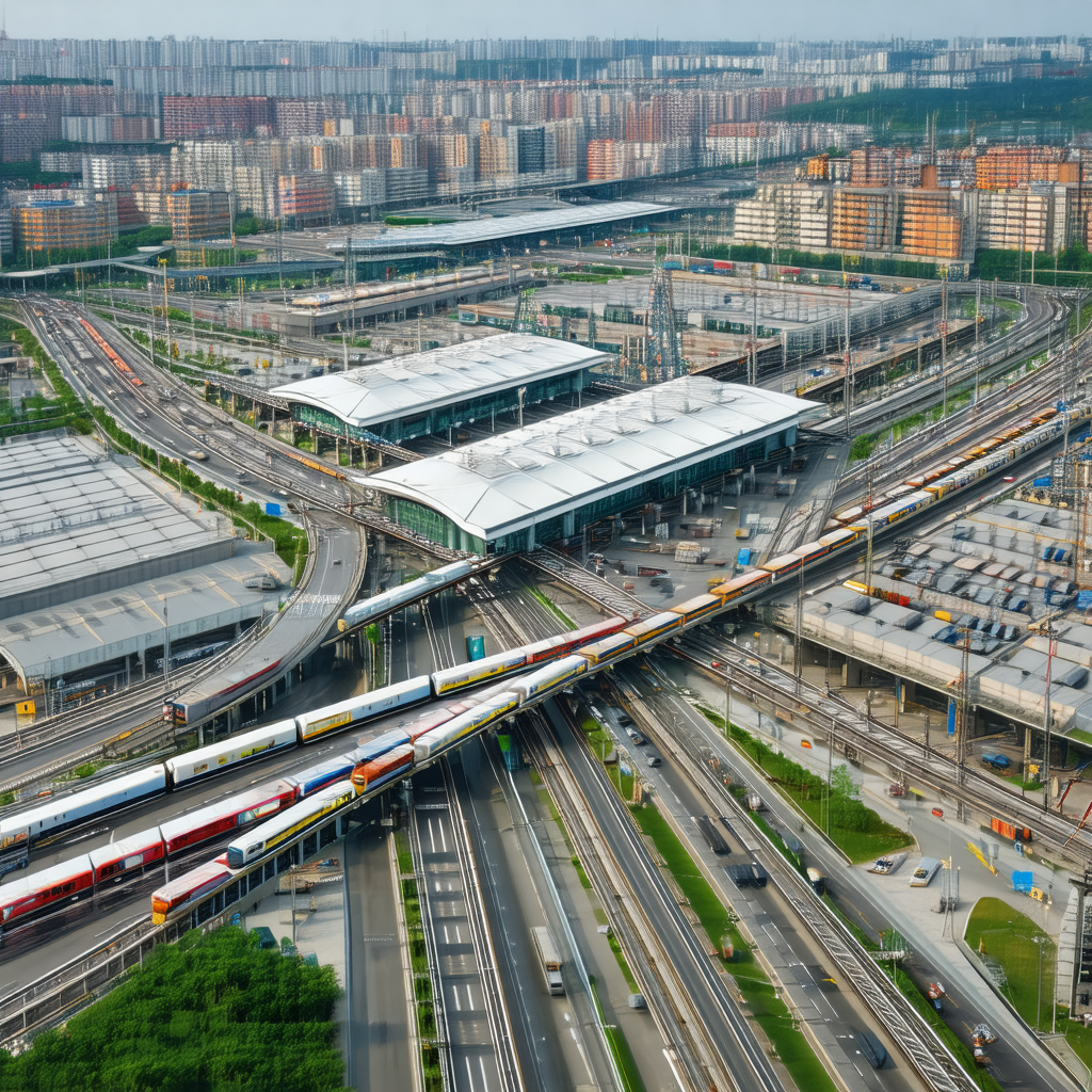 Large train station with multiple train tracks converging...