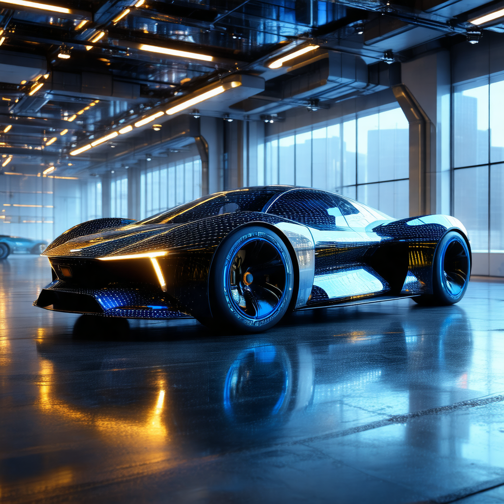 Futuristic car parked in a garage