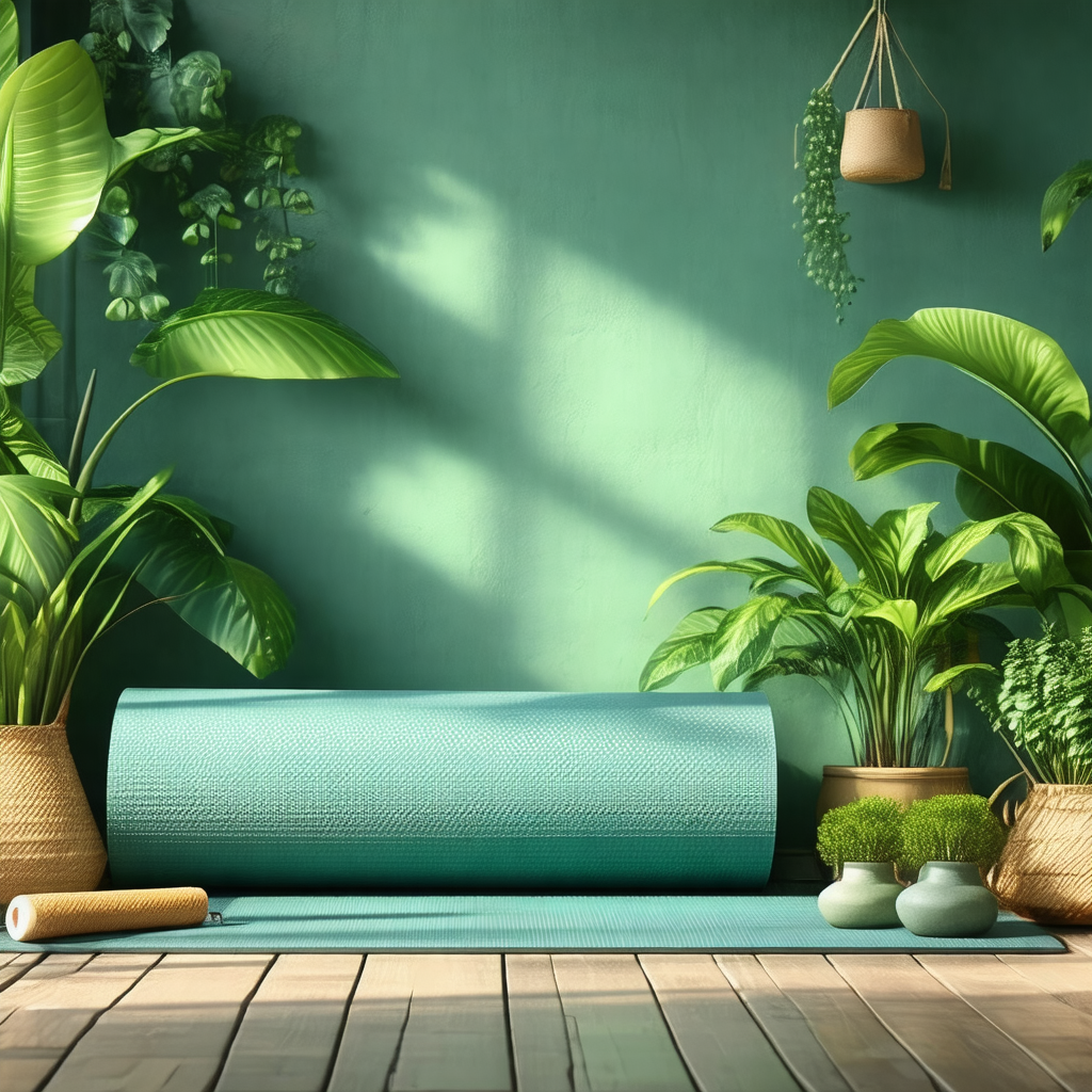 Blue yoga mat placed on a wooden floor