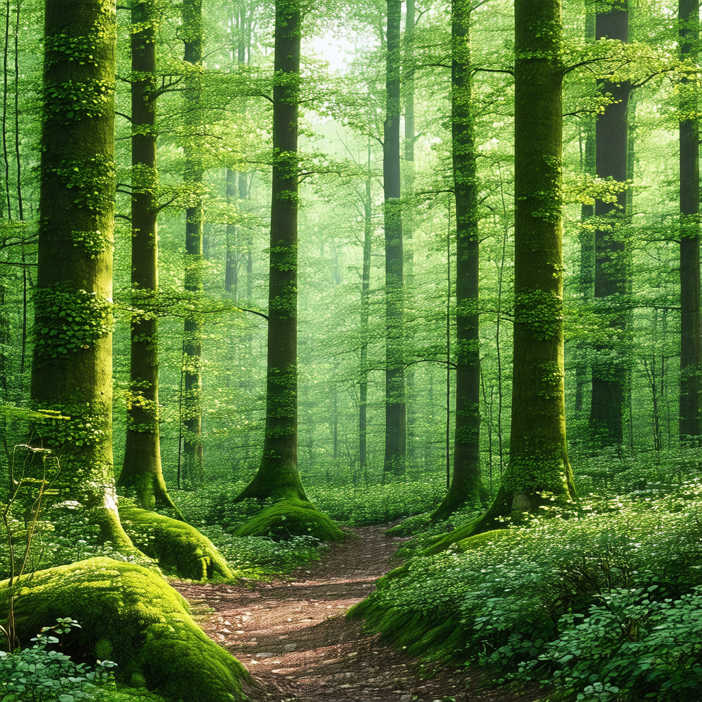 Lush green forest filled with trees and moss