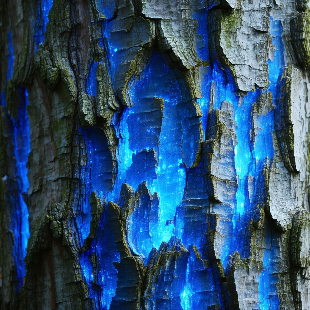 Tree with a blue light shining through its bark