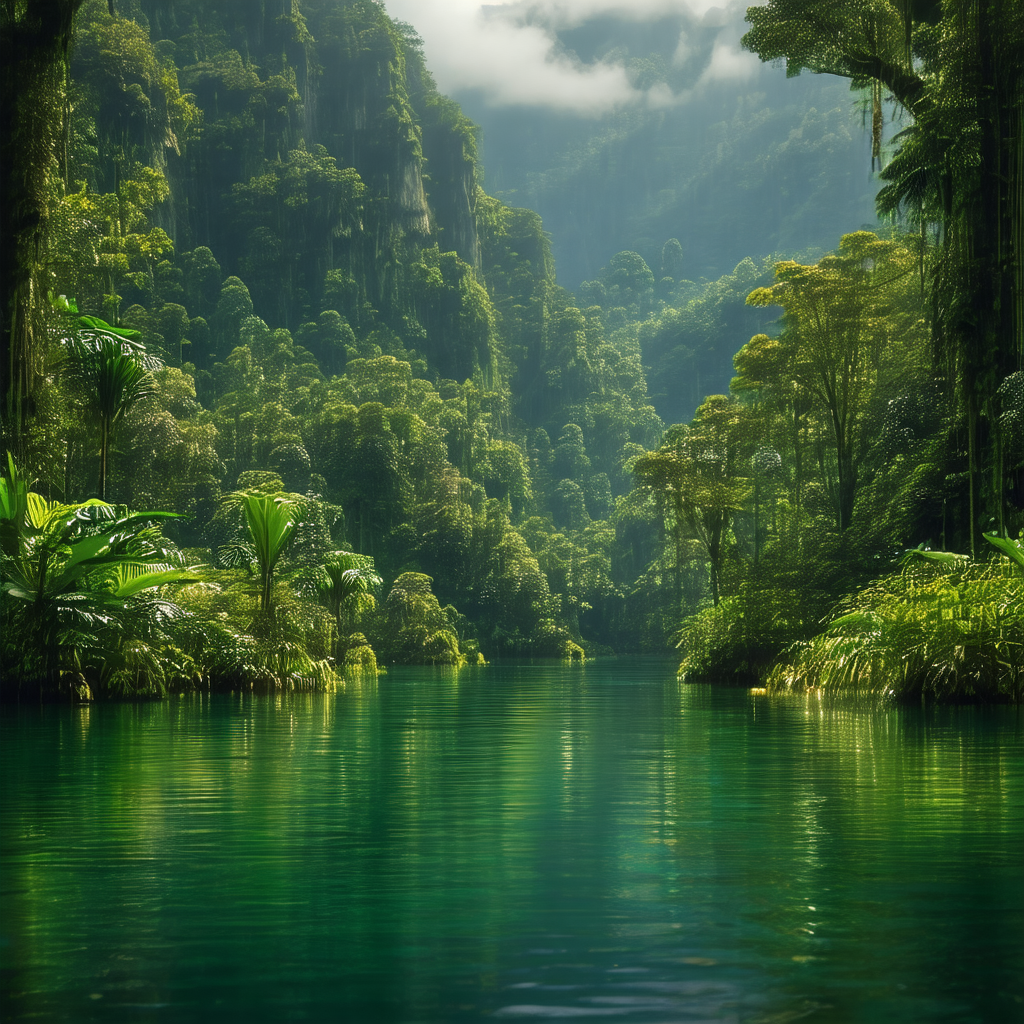 Serene scene of a river flowing through a lush green forest
