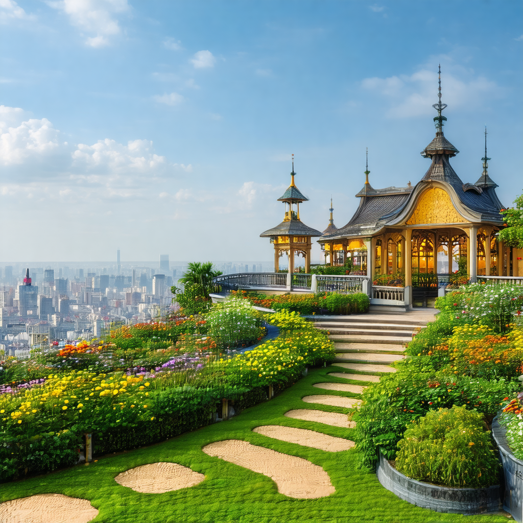Beautiful garden with a large, ornate building in the bac...