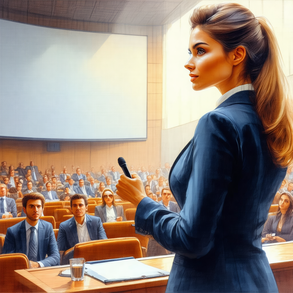 Painting of a woman giving a speech in front of a large c...