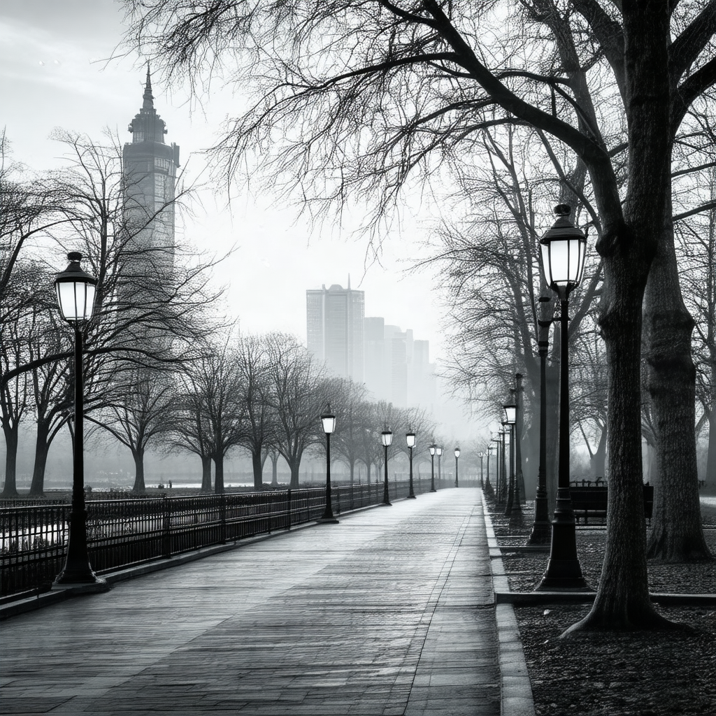 Black and white photo of a city street at night