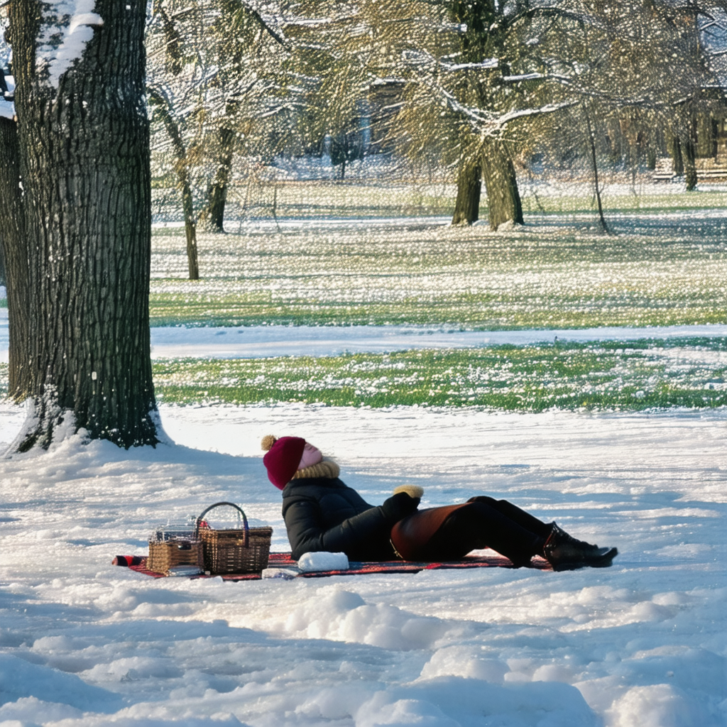 Woman sitting on a blanket in a snowy field
