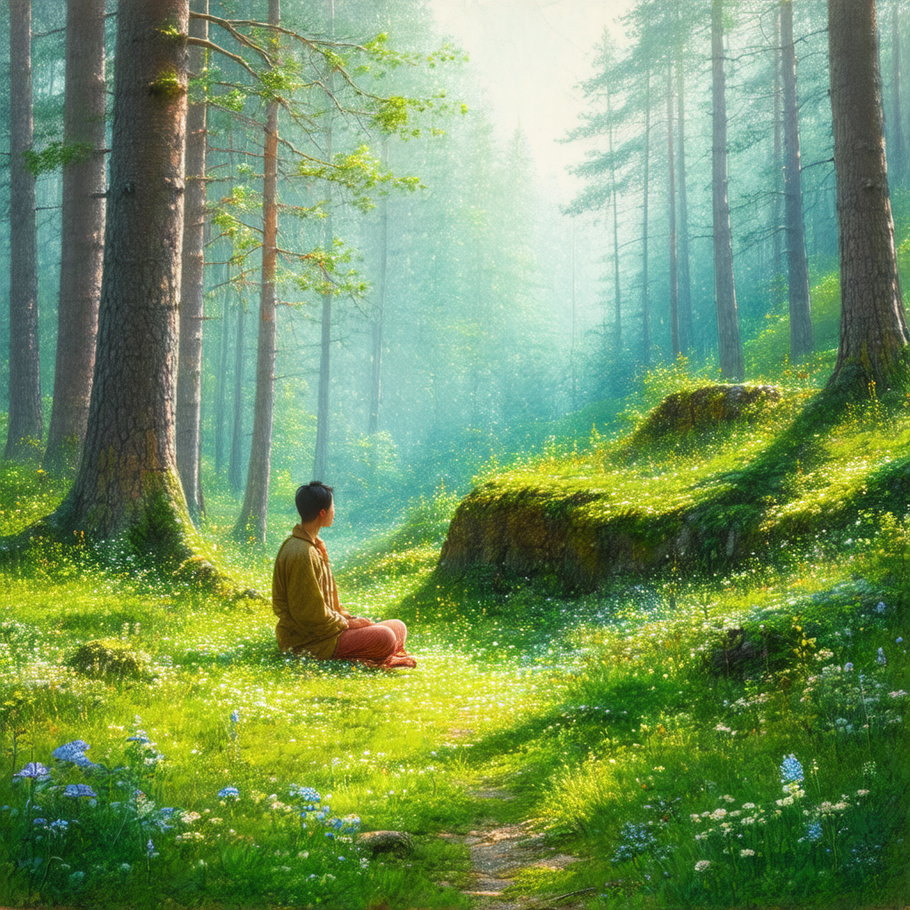 Man sitting in a grassy field, surrounded by trees