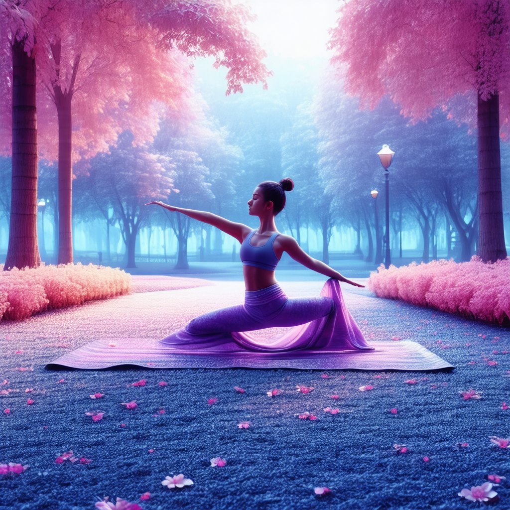 Woman in a purple dress, performing a yoga pose on a pink...