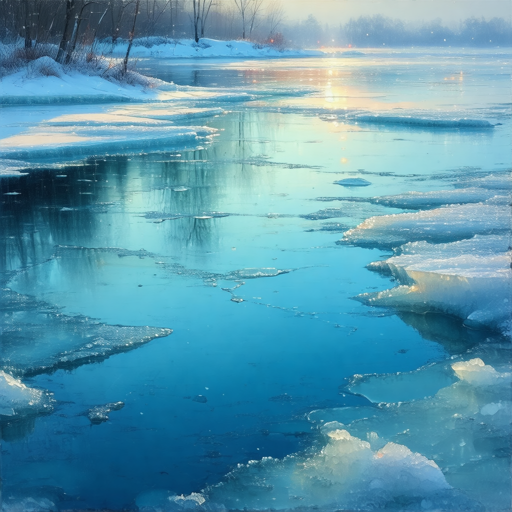 Serene winter scene with a frozen lake surrounded by snow...