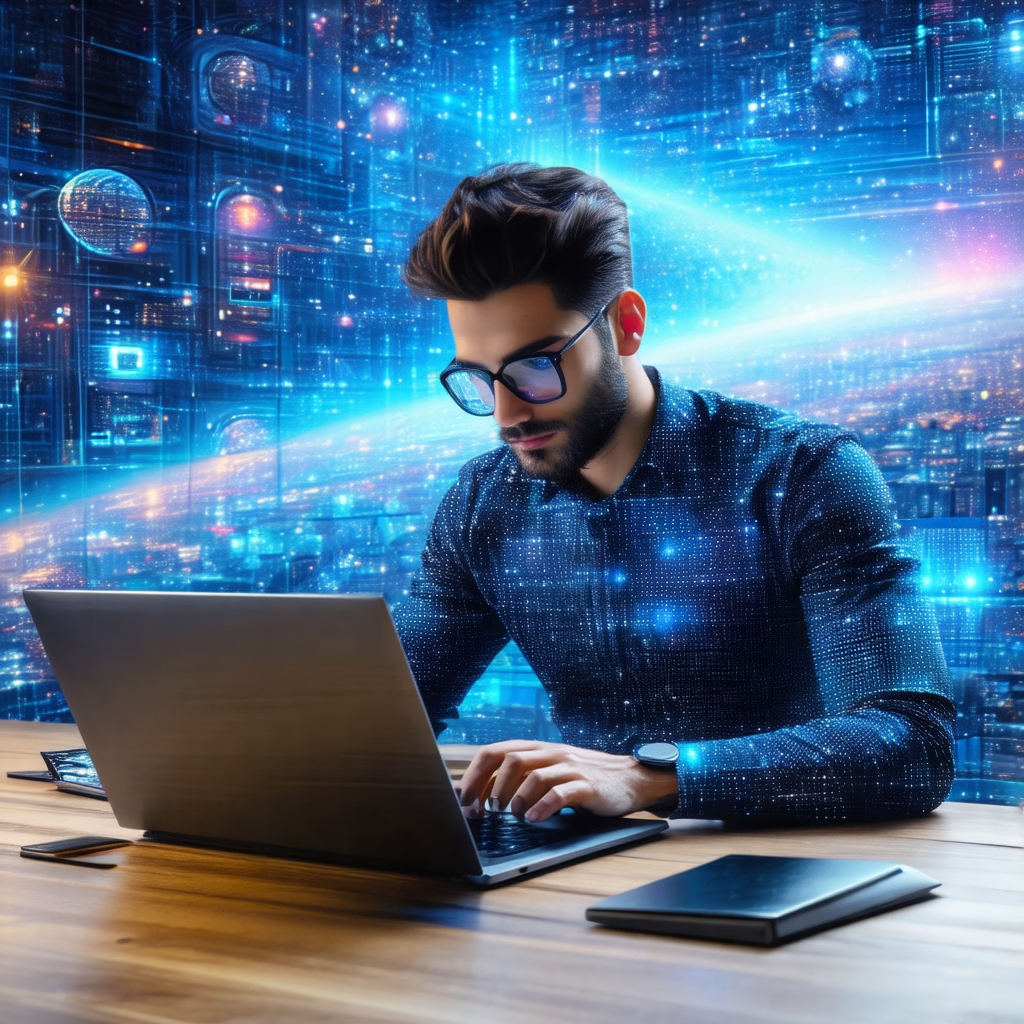 Man sitting at a desk, working on a laptop computer