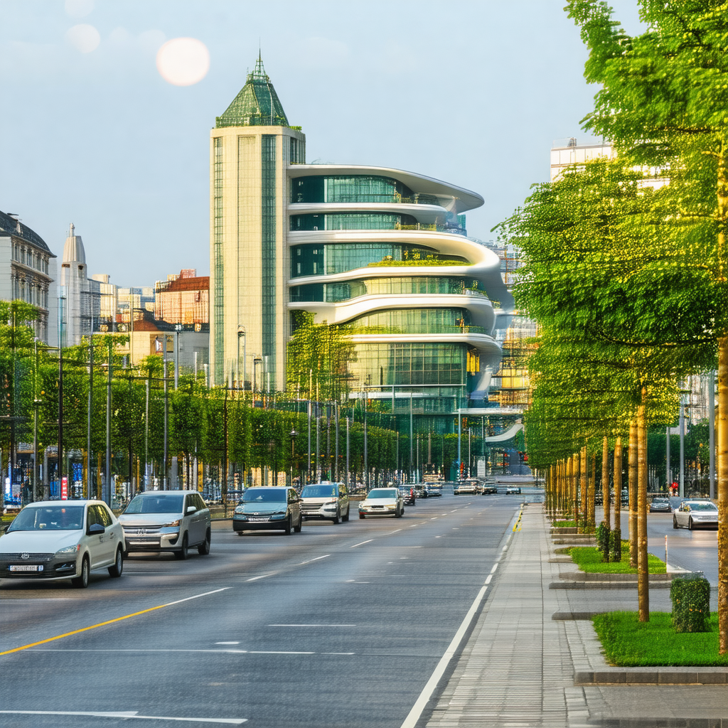 Busy city street with a variety of vehicles, including ca...