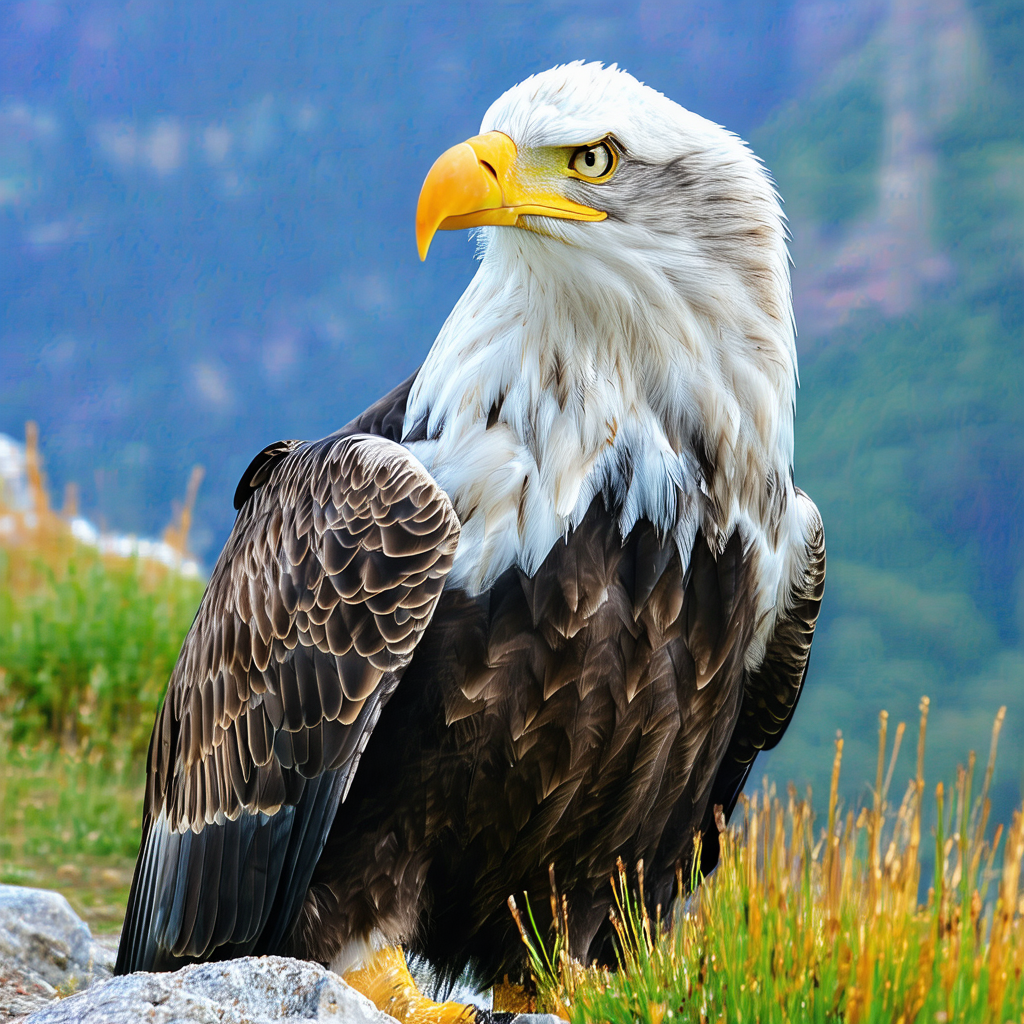 Majestic bald eagle perched on a rocky hillside