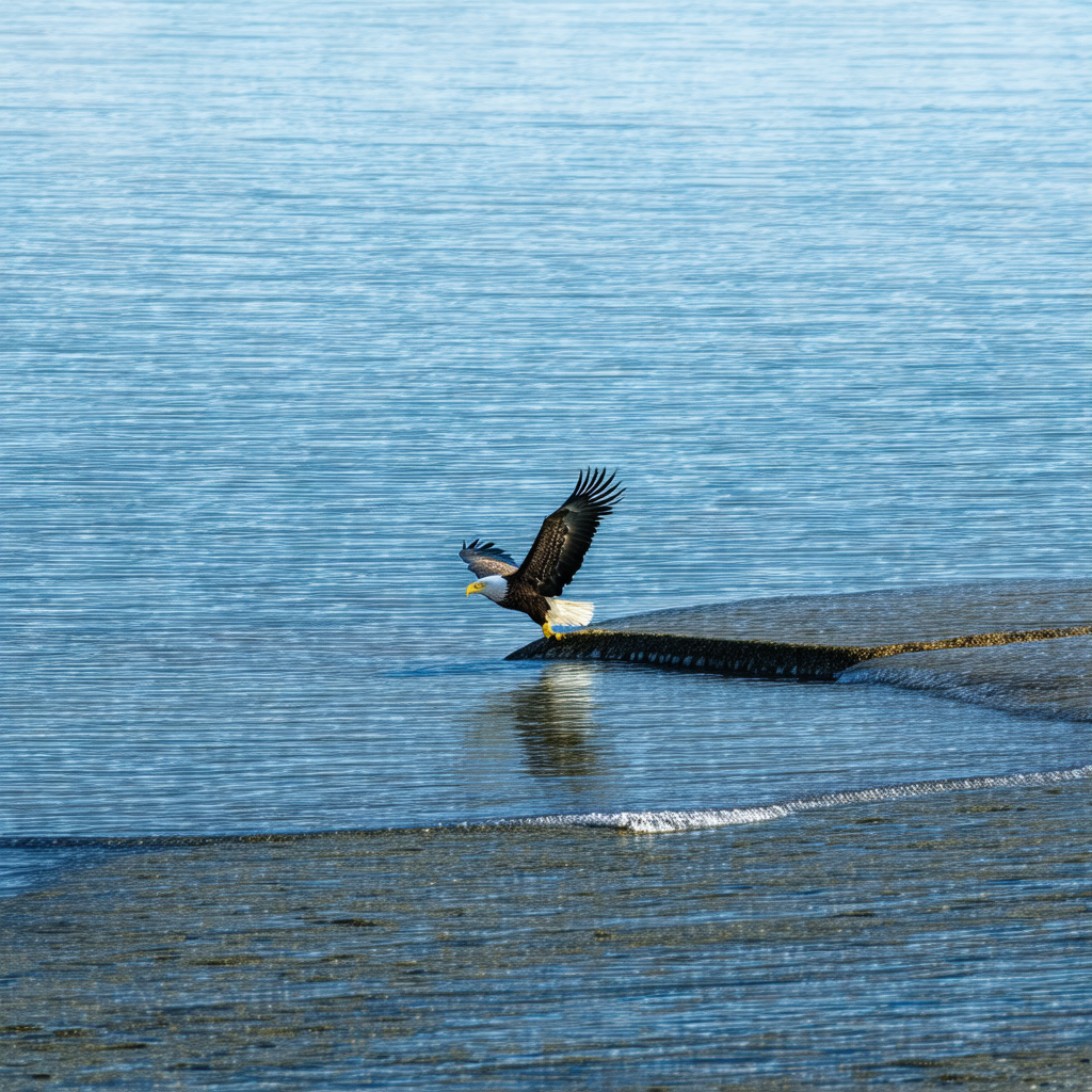 Bald eagle flying over a body of water, possibly a lake