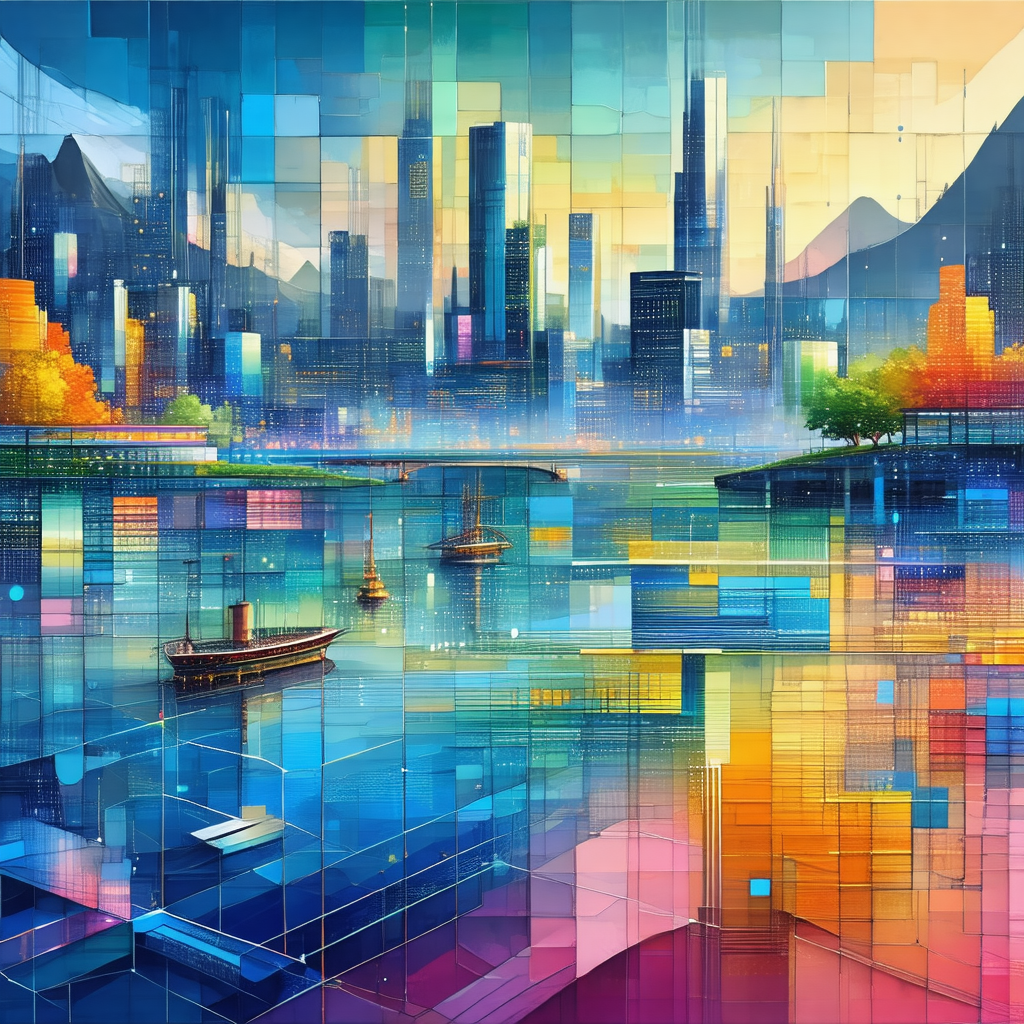 Colorful painting of a cityscape with a large body of wat...
